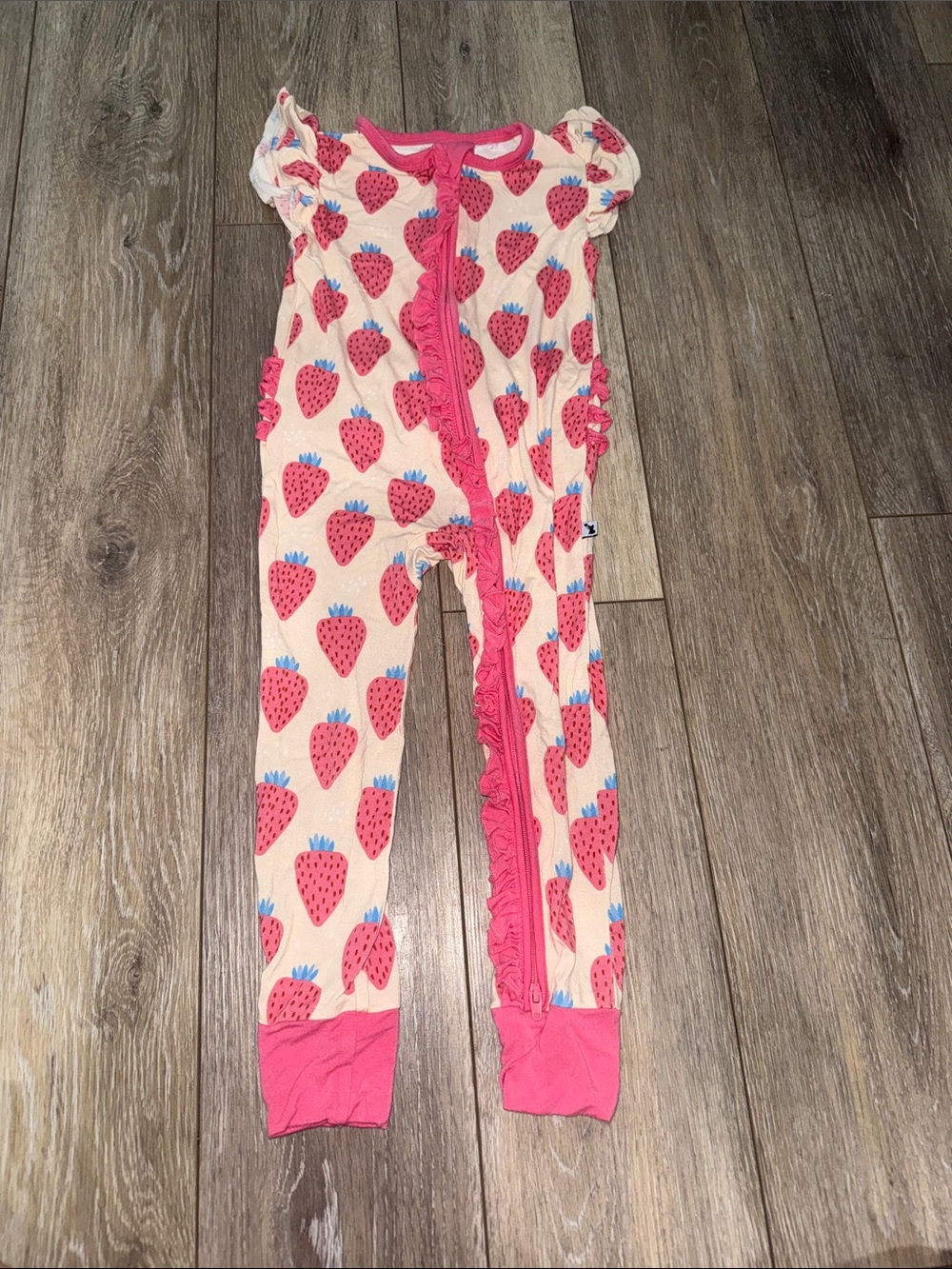 Girls Cream and Pink Strawberry-Print Footed One-Piece Romper